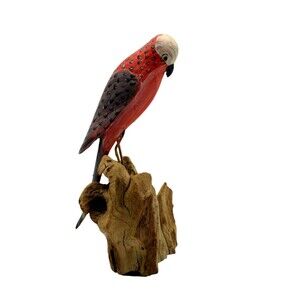 Vintage Hand Carved Indonesian Parrot Wood Sculpture Bird Figurine 6.5"